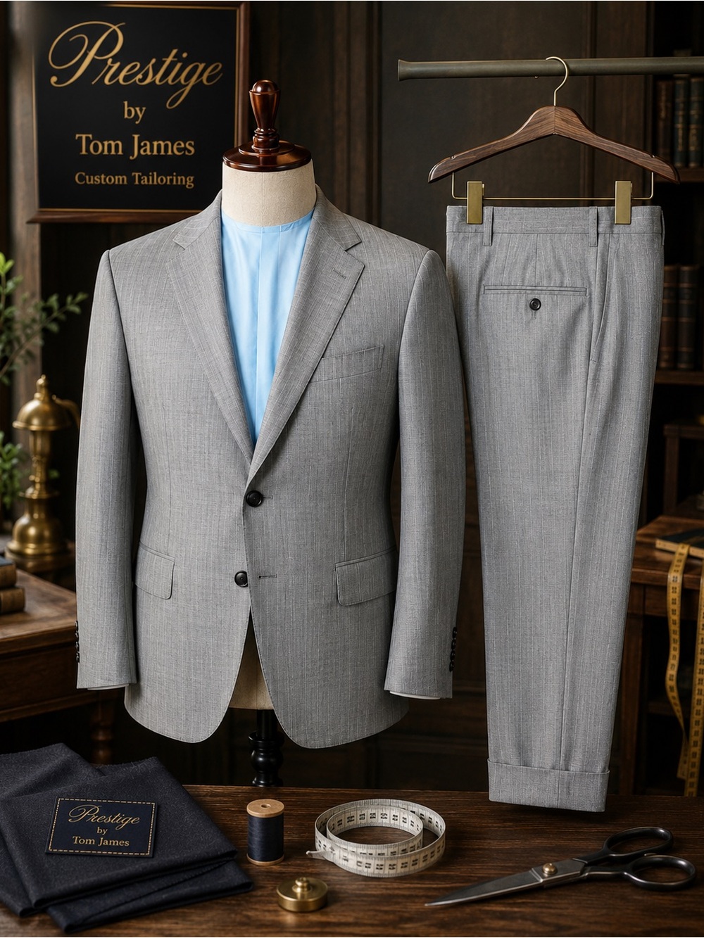 Tom James Prestige Custom Gray Pinstripe Wool Blend Suit 44R 36x28
